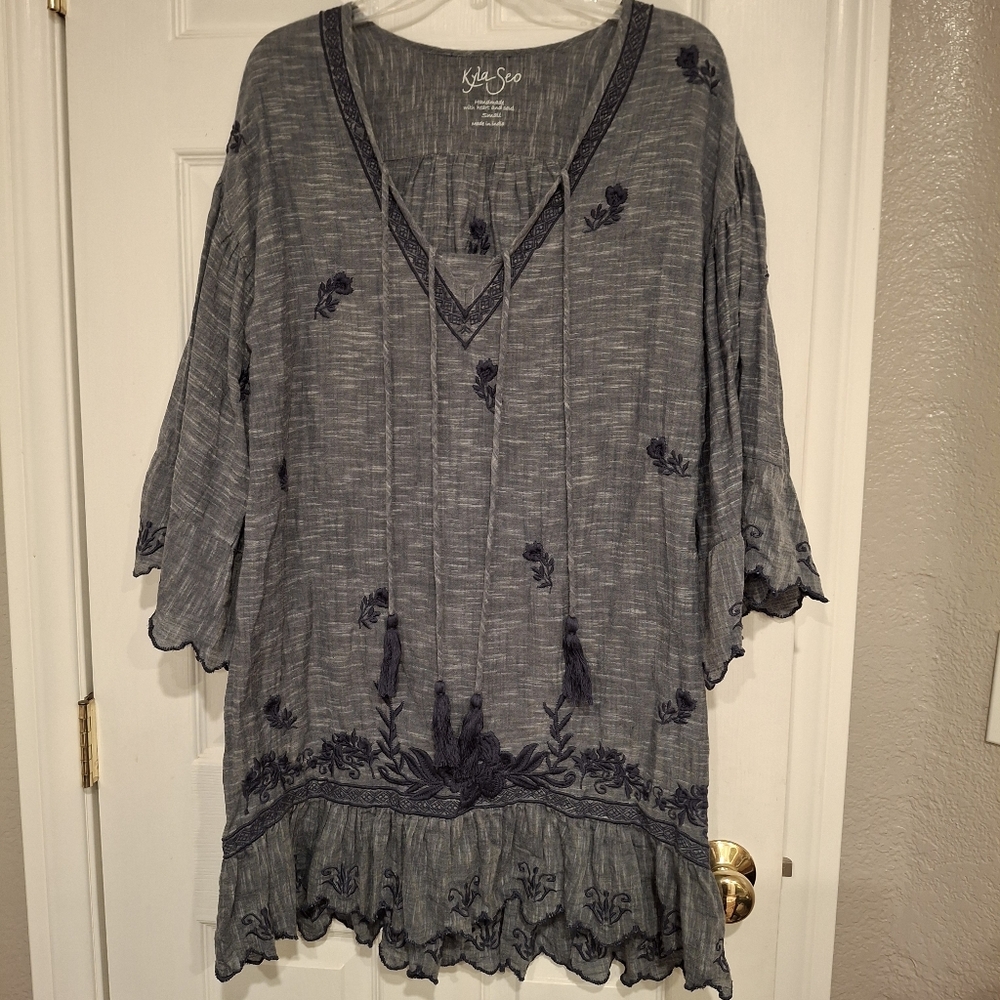 Kyla Seo Pola Dress Embroidered Caite Karyn Bell Sleeves Navy Small Boho Indie